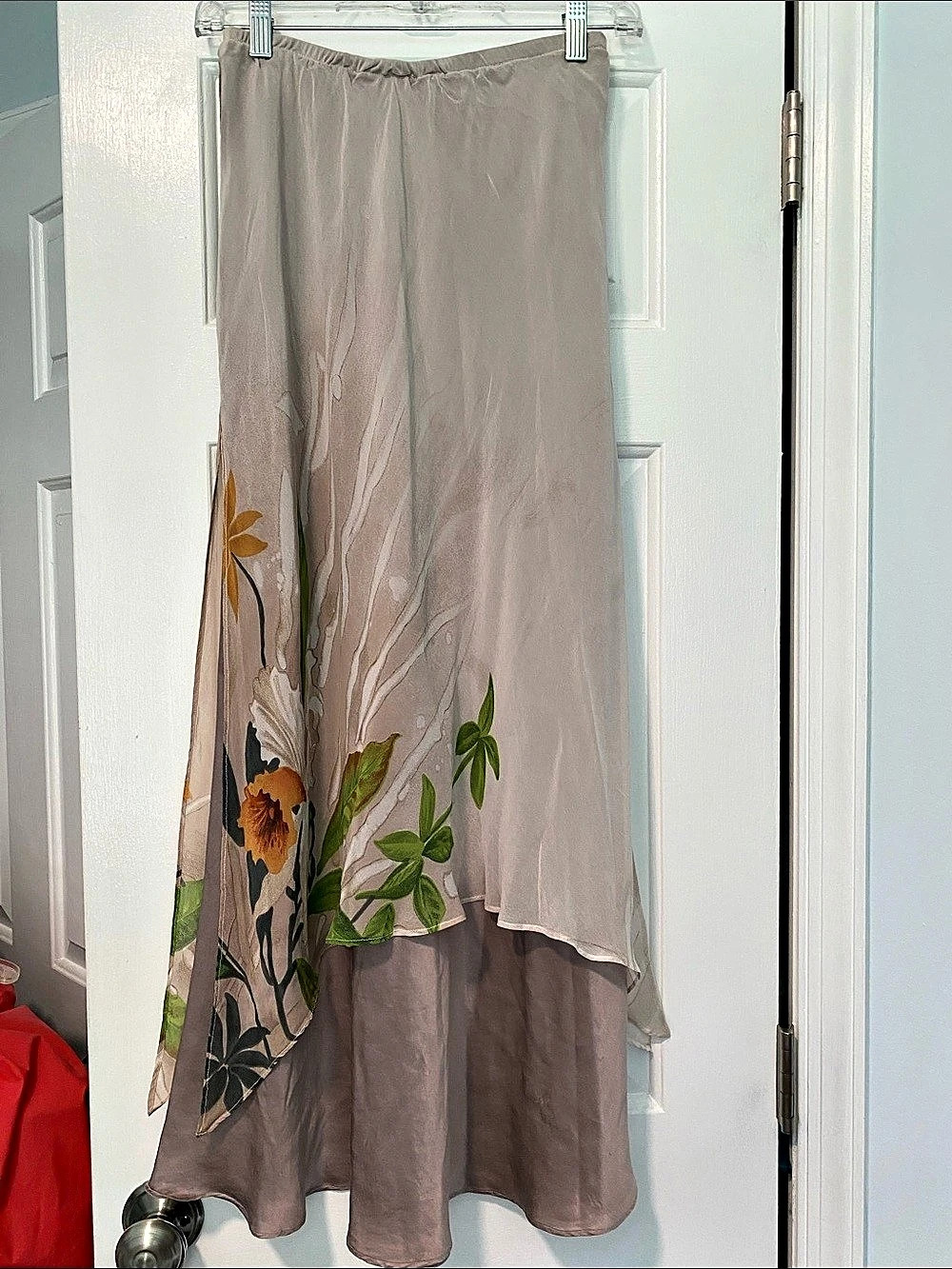 Gala Collection Floral Silk Maxi Skirt Pink & Green Small/Petite Like New